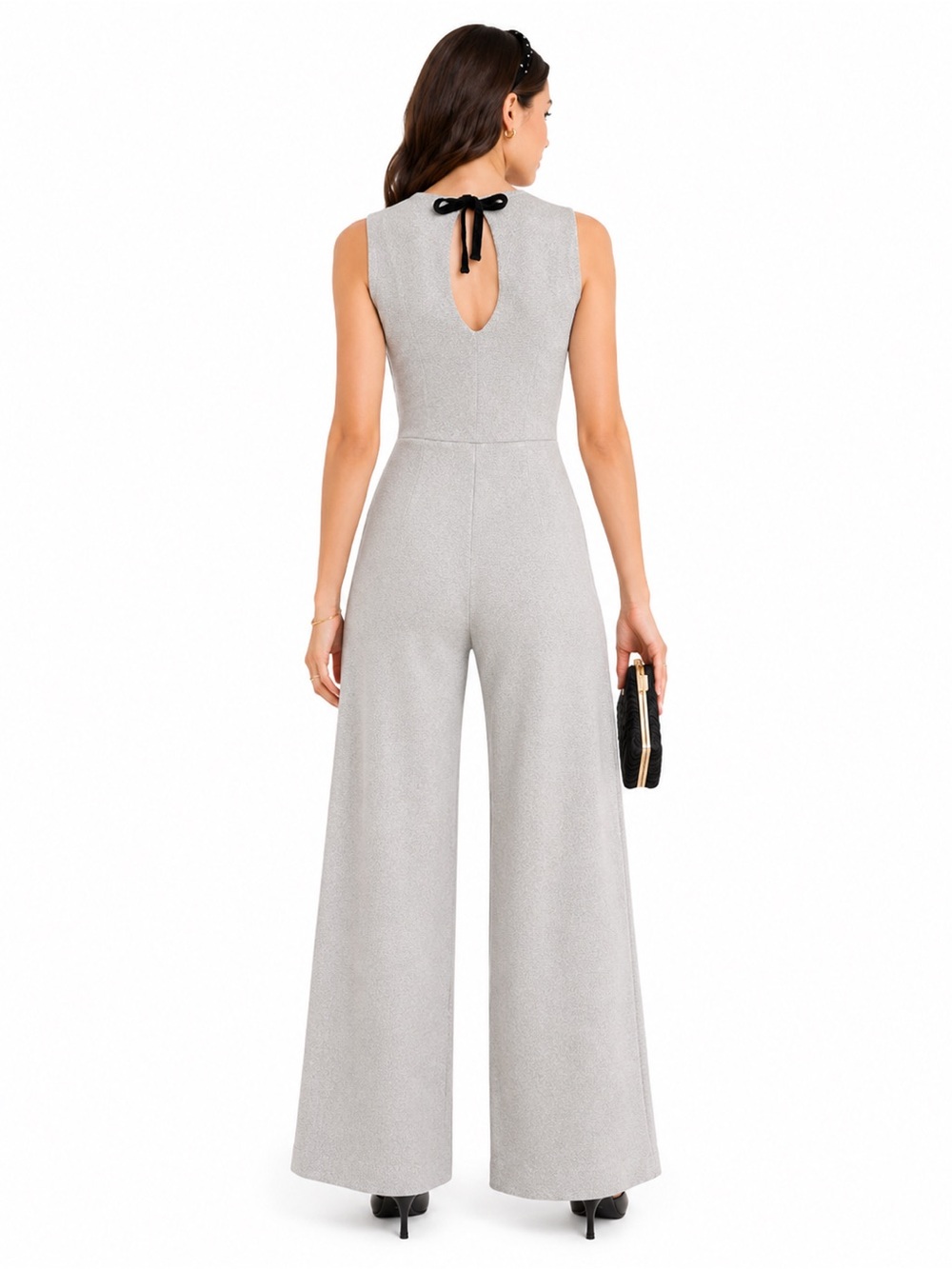 J CREW LUREX Sparkle Bow Back Jumpsuit Wide Loose Leg Holiday Knit Stretch - Picture 2 of 7